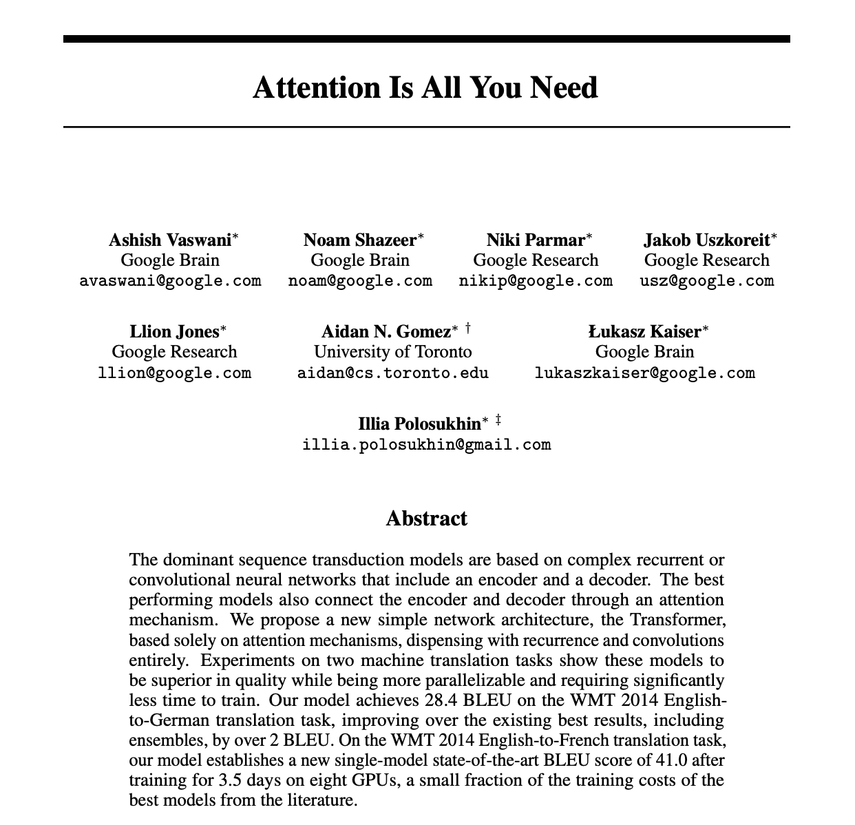 Attention Is All You Need 论文首页
